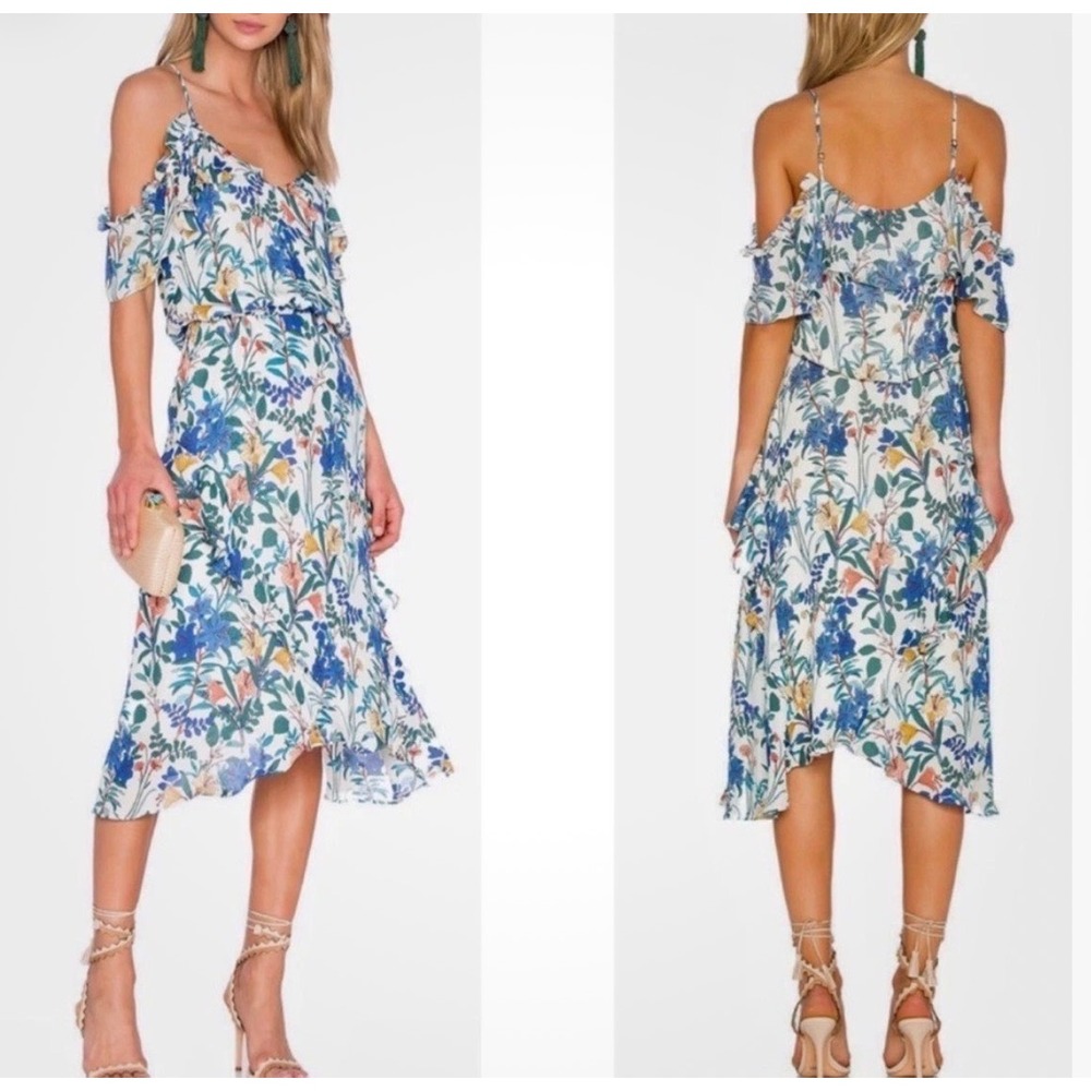 Parker Medium Kam 100% Silk Floral Ruffle Midi Dress Coquette Garden Romantic